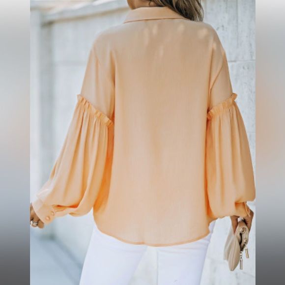 Orange Ruffled Patchwork Bubble Sleeve Oversized Button Down Collared Shirt 💗 - Picture 6 of 7